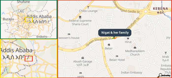 Map showing the address of Nigat & her family in three different zoom levels.