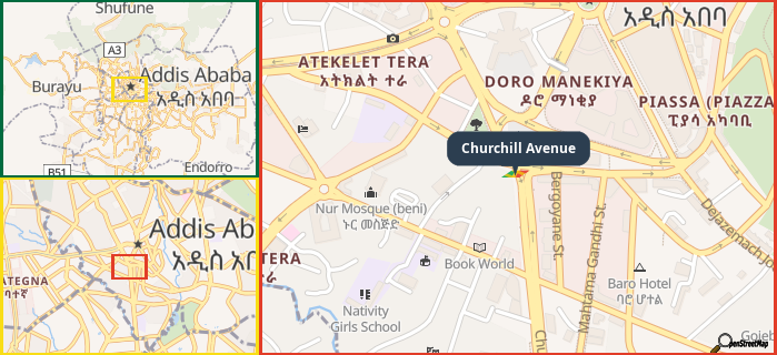 Map showing the address of Churchill Avenue in three different zoom levels.