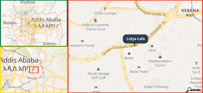 Map showing the address of Lidya Cafe in three different zoom levels.