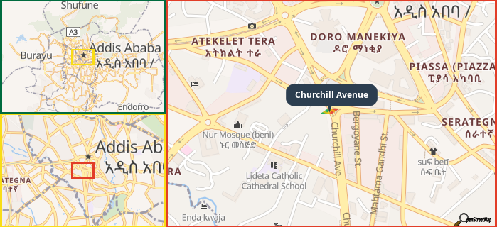Map showing the address of Churchill Avenue in three different zoom levels.
