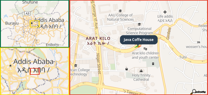 Map showing the address of Java Coffe House in three different zoom levels.