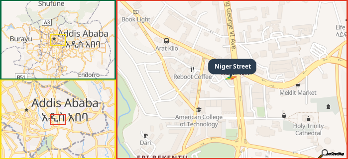 Map showing the address of Niger Street in three different zoom levels.