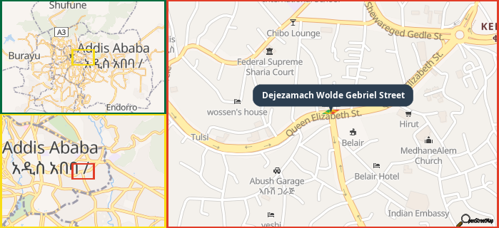 Map showing the address of Dejezamach Wolde Gebriel Street in three different zoom levels.