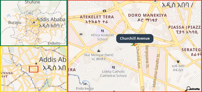 Map showing the address of Churchill Avenue in three different zoom levels.