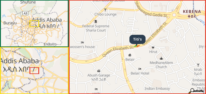 Map showing the address of Titi's in three different zoom levels.