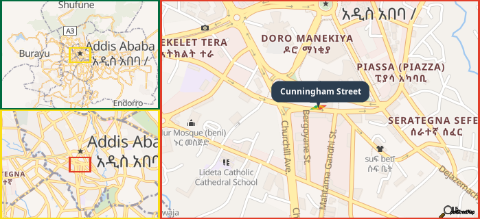 Map showing the address of Cunningham Street in three different zoom levels.