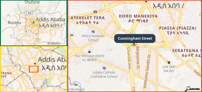 Map showing the address of Cunningham Street in three different zoom levels.