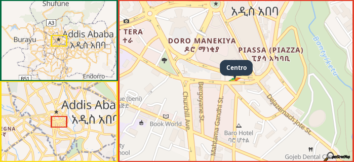 Map showing the address of Centro in three different zoom levels.