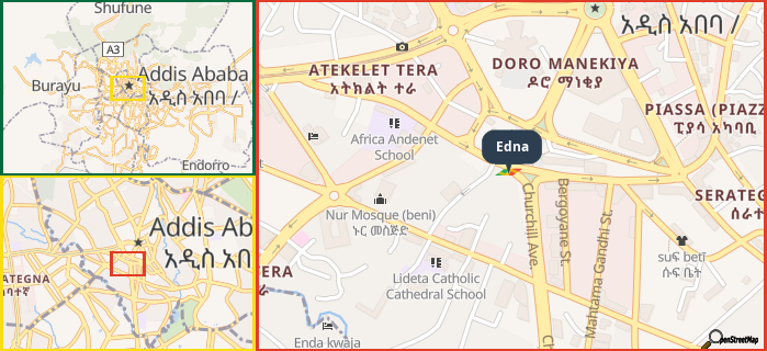 Map showing the address of Edna in three different zoom levels.