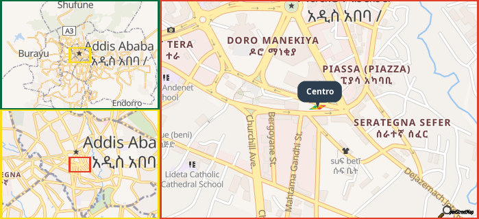 Map showing the address of Centro in three different zoom levels.