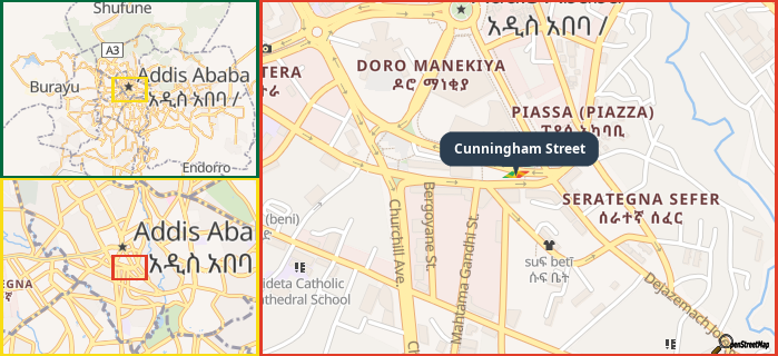 Map showing the address of Cunningham Street in three different zoom levels.