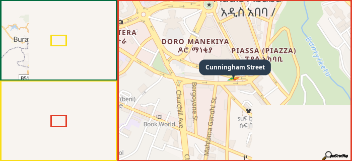Map showing the address of Cunningham Street in three different zoom levels.