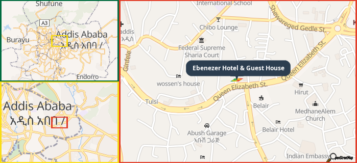 Map showing the address of Ebenezer Hotel & Guest House in three different zoom levels.