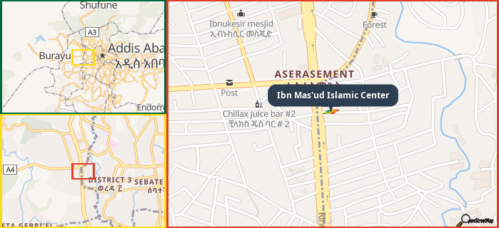 Map showing the address of Ibn Mas'ud Islamic Center in three different zoom levels.