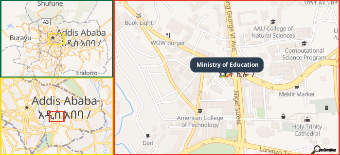 Map showing the address of Ministry of Education in three different zoom levels.