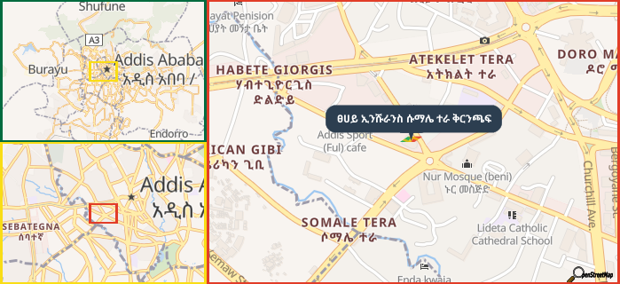 Map showing the address of ፀሀይ ኢንሹራንስ ሱማሌ ተራ ቅርንጫፍ in three different zoom levels.