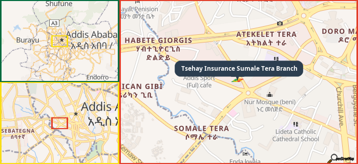 Map showing the address of Tsehay Insurance Sumale Tera Branch in three different zoom levels.