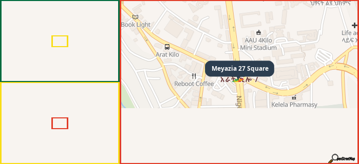 Map showing the address of Meyazia 27 Square in three different zoom levels.