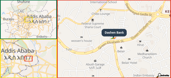 Map showing the address of Dashen Bank in three different zoom levels.