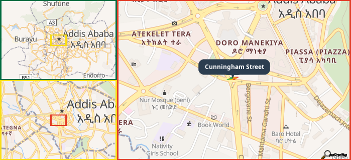 Map showing the address of Cunningham Street in three different zoom levels.