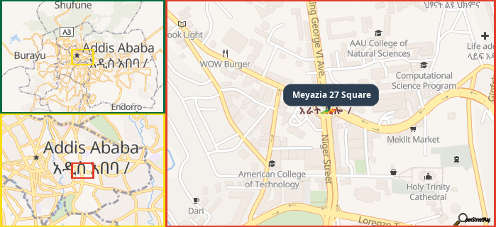 Map showing the address of Meyazia 27 Square in three different zoom levels.