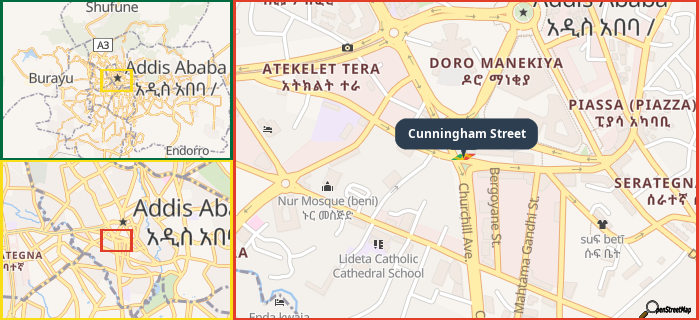 Map showing the address of Cunningham Street in three different zoom levels.