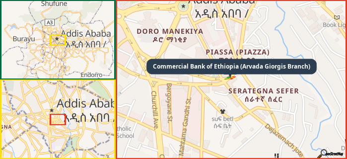 Map showing the address of Commercial Bank of Ethiopia (Arvada Giorgis Branch) in three different zoom levels.