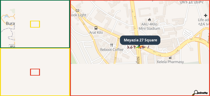 Map showing the address of Meyazia 27 Square in three different zoom levels.