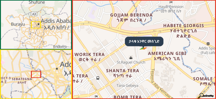 Map showing the address of ታላቁ አንዋር መስጊድ in three different zoom levels.