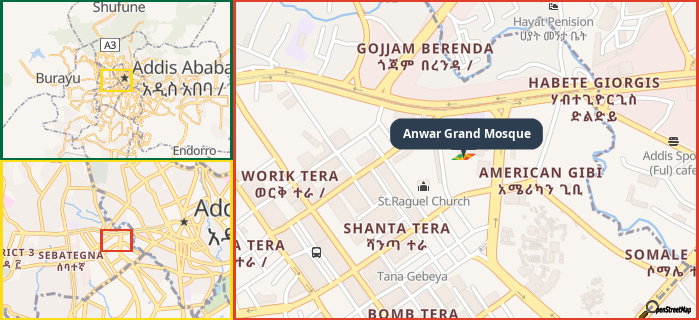 Map showing the address of Anwar Grand Mosque in three different zoom levels.