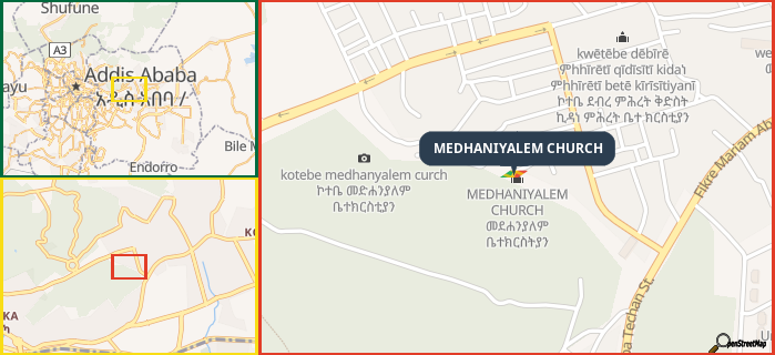 Map showing the address of MEDHANIYALEM CHURCH in three different zoom levels.