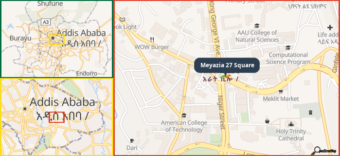 Map showing the address of Meyazia 27 Square in three different zoom levels.