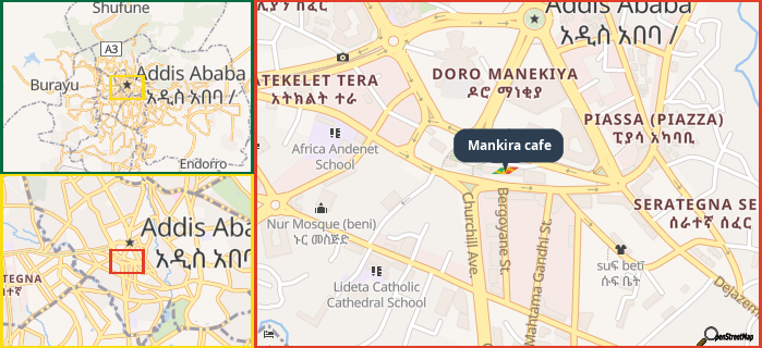 Map showing the address of Mankira cafe in three different zoom levels.