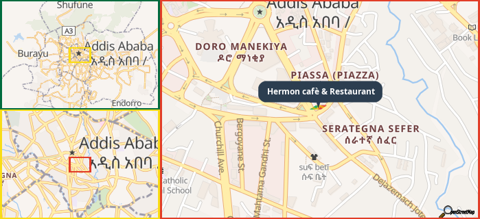 Map showing the address of Hermon cafè & Restaurant in three different zoom levels.