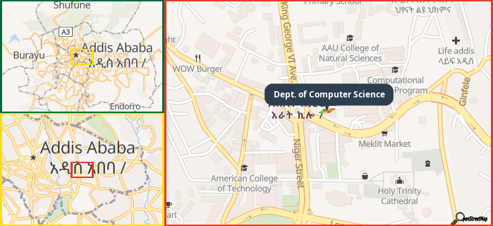 Map showing the address of Dept. of Computer Science in three different zoom levels.