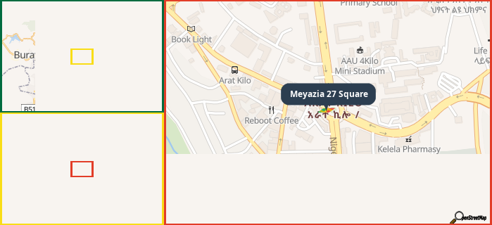 Map showing the address of Meyazia 27 Square in three different zoom levels.