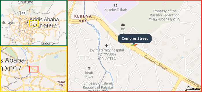 Map showing the address of Comoros Street in three different zoom levels.