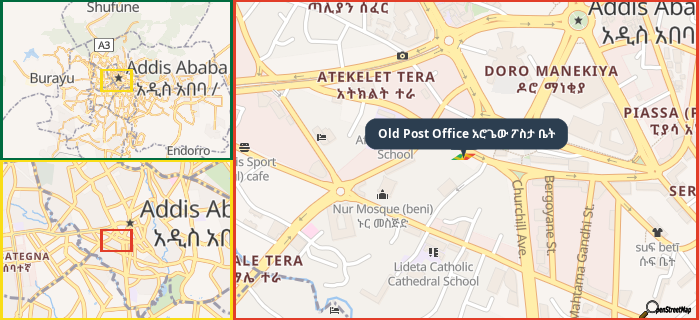 Map showing the address of Old Post Office አሮጌው ፖስታ ቤት in three different zoom levels.