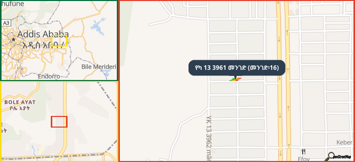 Map showing the address of የካ 13 3961 መንገድ (መንገድ፡16) in three different zoom levels.