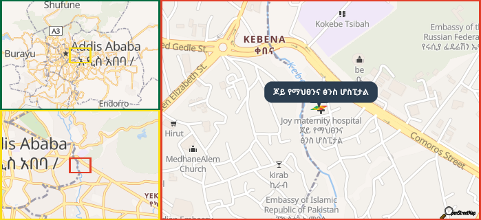 Map showing the address of ጆይ የማህፀንና ፅንስ ሆስፒታል in three different zoom levels.