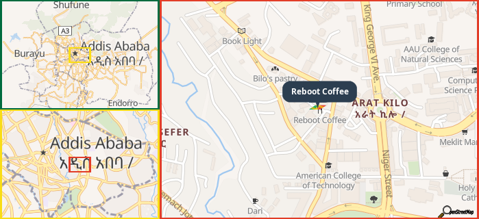 Map showing the address of Reboot Coffee in three different zoom levels.