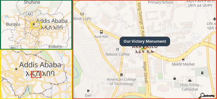 Map showing the address of Our Victory Monument in three different zoom levels.