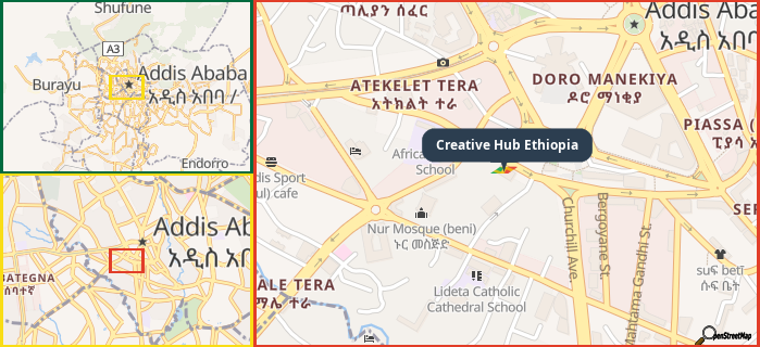 Map showing the address of Creative Hub Ethiopia in three different zoom levels.