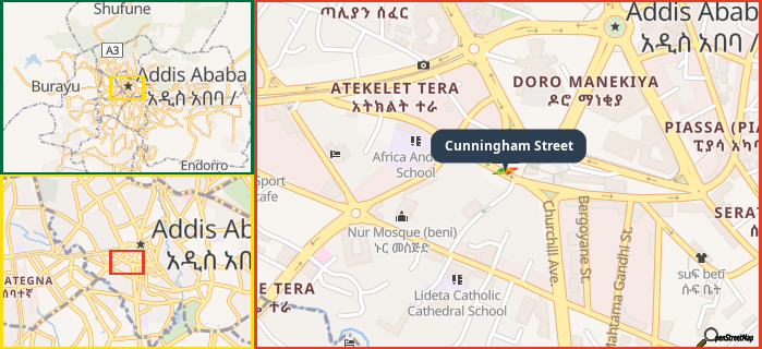 Map showing the address of Cunningham Street in three different zoom levels.