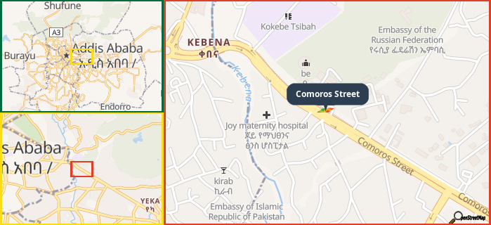 Map showing the address of Comoros Street in three different zoom levels.