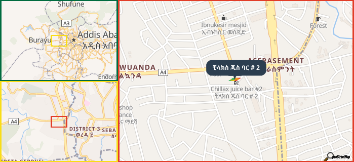 Map showing the address of ቺላክስ ጁስ ባር # 2 in three different zoom levels.
