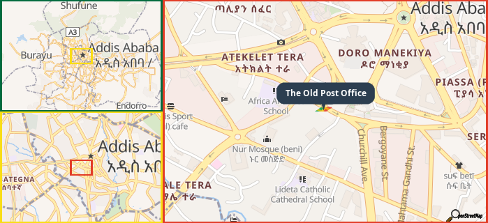 Map showing the address of The Old Post Office in three different zoom levels.