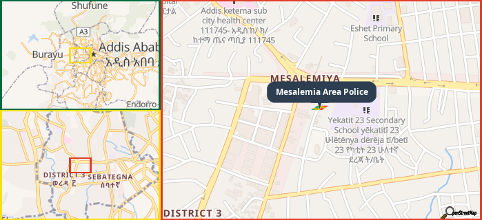 Map showing the address of Mesalemia Area Police in three different zoom levels.