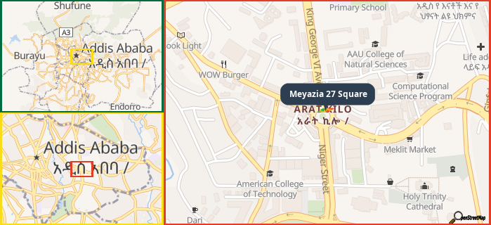 Map showing the address of Meyazia 27 Square in three different zoom levels.