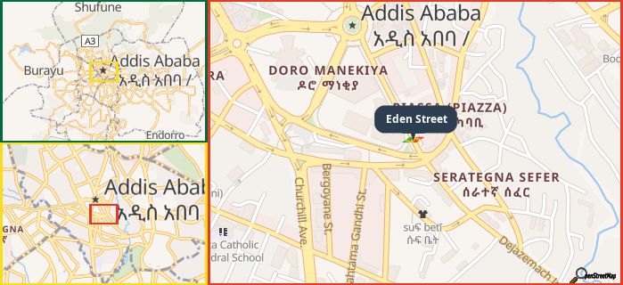 Map showing the address of Eden Street in three different zoom levels.